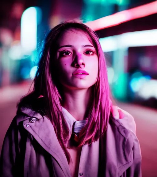 Prompt: portrait of young woman lowlight neon lights, cinematic,4k,35mm,street photo, epic