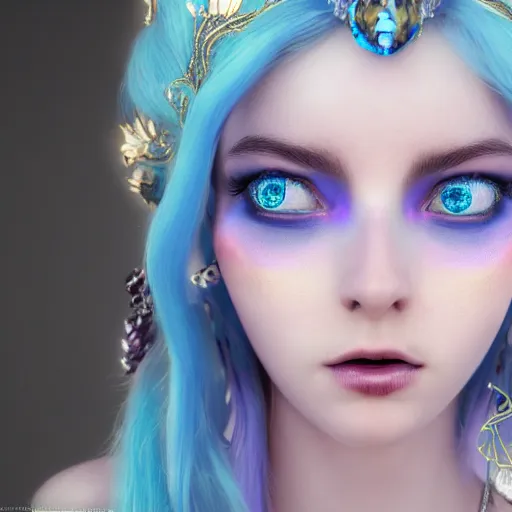 Image similar to portrait of fairy princesswith blue hair, glowing, ornate and intricate jewelry, jaw dropping beauty, glowing background lighting, white accent lighting, hyper detailed, fairy tale, 4 k octane render