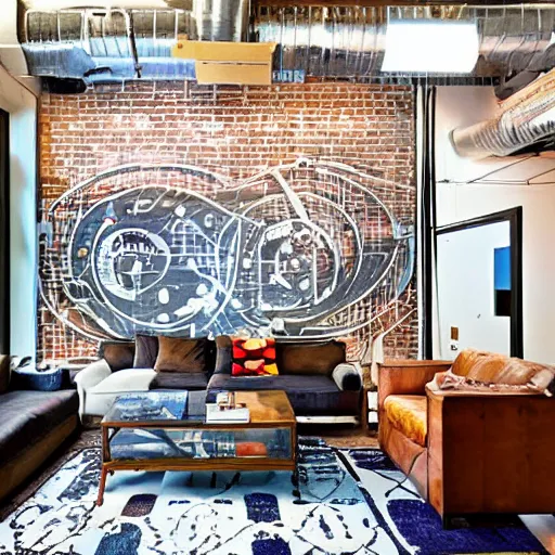 Prompt: trendy downtown loft with modern murals on the wall, contemporary art, and patterns, interior design, rustic industrial architecture