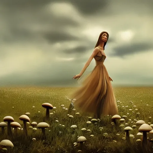 Image similar to a vogue model in a field of mushrooms, oil painting, pale colors, high detail, 8 k, wide angle, trending on artstation,