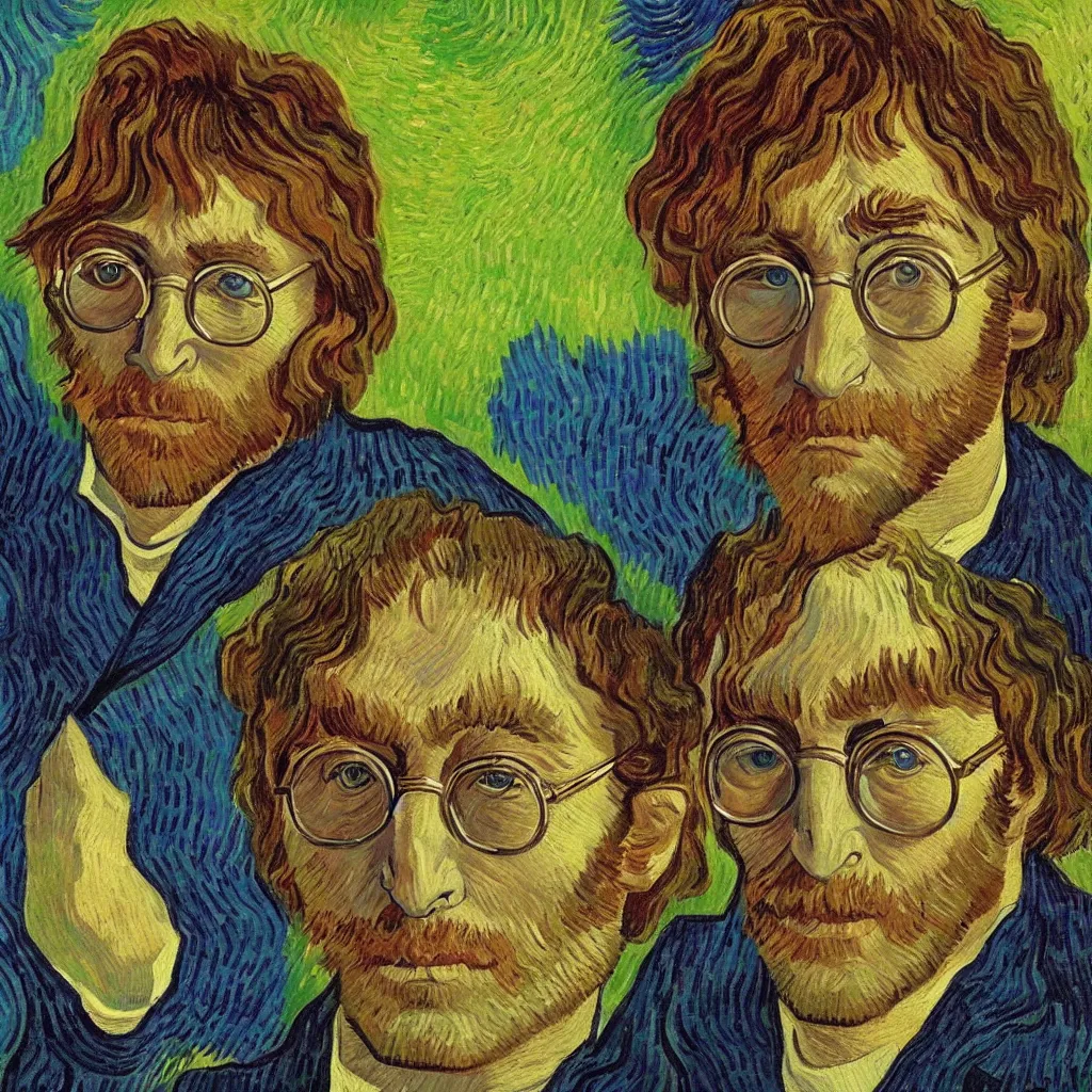 Image similar to John Lennon portrait painted in Vincent van Gogh style