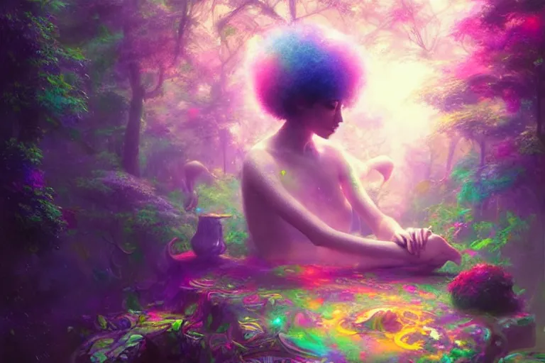 Image similar to a psychedelic realm hidden away in a pocket of ethereal knowledge | astral beings sharing love greg rutkowski wlop lisa frank bob ross | ruan jia | illustration