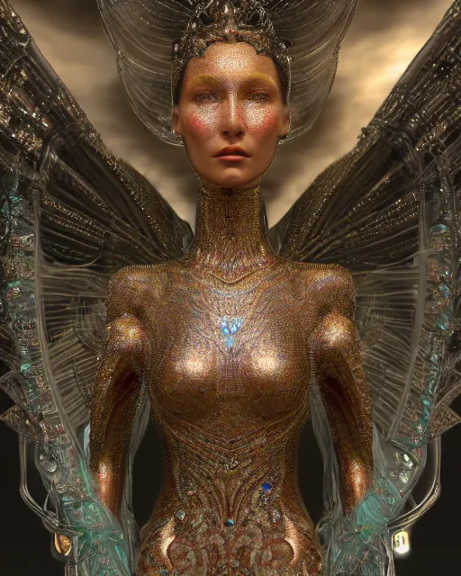 Image similar to a highly detailed metahuman 4 k close up render of an alien goddess bella hadid monument renaissance in iris van herpen dress schiaparelli in diamonds crystals swarovski and jewelry iridescent in style of alphonse mucha gustav klimt trending on artstation made in unreal engine 4