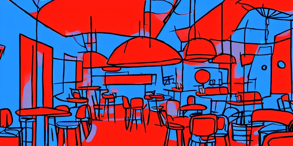 Image similar to cafe interior, blue and red tones, animated film, illustration