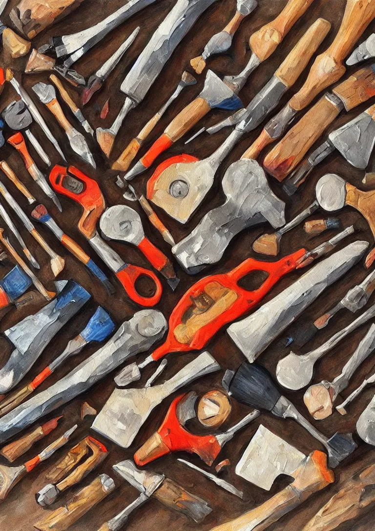 Prompt: a beautiful painting of a toolkit filled with broken hammers, photorealistic, stylized