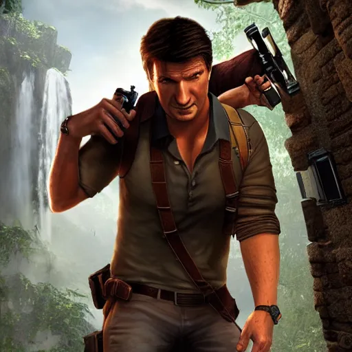 Prompt: nathan fillion as nathan drake from uncharted, photorealistic, unreal engine, cinematic lightning