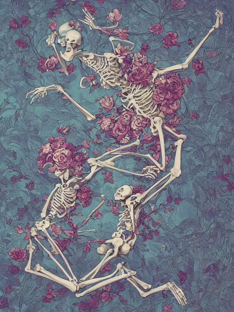 Prompt: a skeleton covered in flowers in a dynamic pose, art nouveau, james jean, peter mohrbacher, highly detailed, soft lighting,