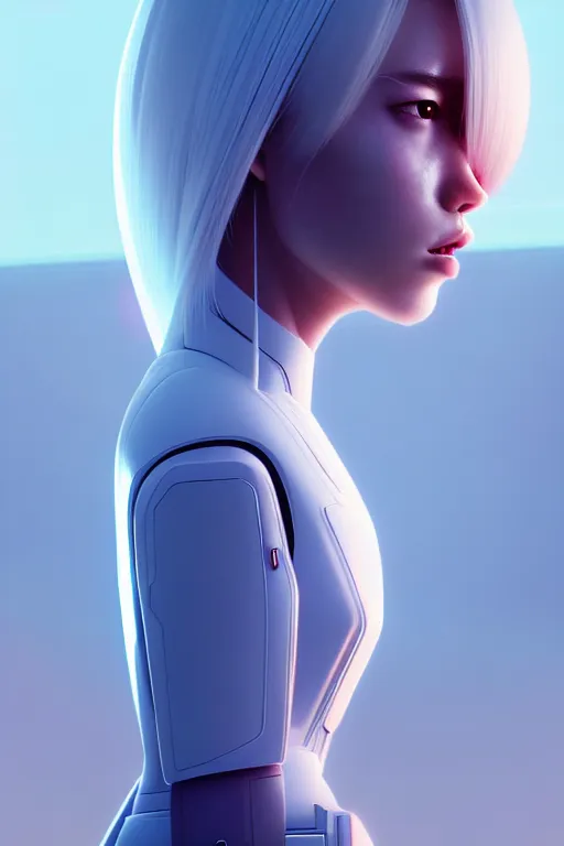 Image similar to upright and straight android women, scifi, futuristic design, bae suzy, long white hair, character design, cinematic lighting, highly detailed, by beeple, goro fujita, smooth gradient.