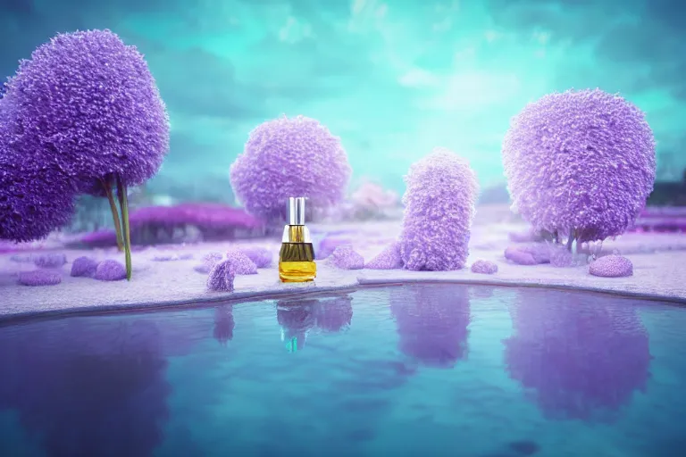 Prompt: perfume bottle close shot, sharp focus, global illumination, standing on lilipads in a cool blue frosted pond, dramatic, mid day, lilac aurora borealis background, soft lilac skies, large scale, hyperrealistic, lots of detail, realistic lighting, octane render, by wlop, artgerm, trending on artstation
