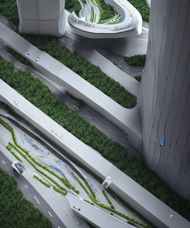 Image similar to ralph mcquarrie and denis villeneuve establishing shot of modern bjarke ingels condo building and gotthard tunnel entrance combined, roads tunnel under bjarke ingels condo building, lush scenery, scifi artstation digital concept art, unreal engine, hyper realism, realistic shading, cinematic composition, blender render, octane render, wide shot