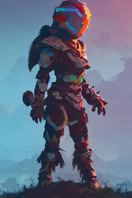 Image similar to combination suit armor aloy horizon forbidden west horizon zero dawn radiating a glowing aura global illumination ray tracing hdr fanart arstation by ian pesty and alena aenami artworks in 4 k tribal robot ninja mask helmet backpack