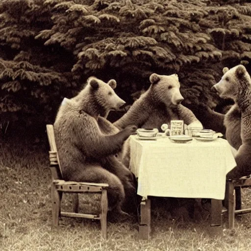 Prompt: “ grizzly bear tea party, 1 9 0 0 ’ s photo ”