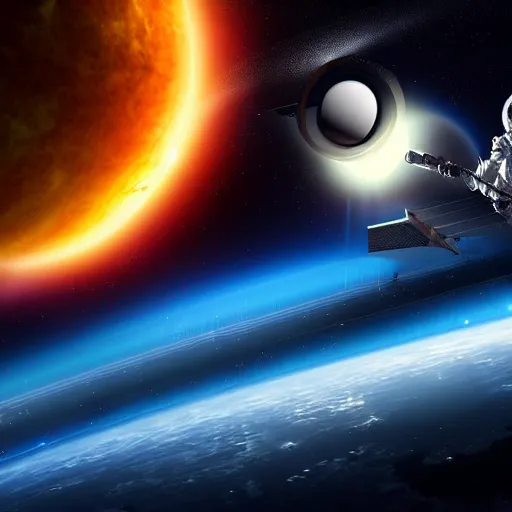 Prompt: beautiful digital art of an astronaut floating outside of a large cruiser spaceship with fine greeble detail in space in a armored black space suit, planets and a black hole visible in the background