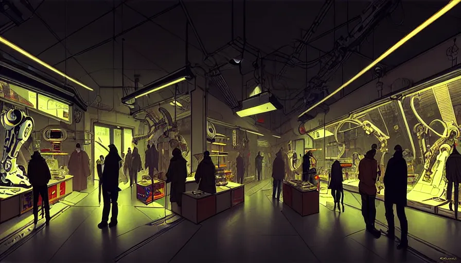 Image similar to inside a robotic shop store in The City of Lisbon at night with a few customers, extreme plus resolution scifi concept art, intricate details to everything visible, sharp lighting, Dramatic light by denis villeneuve, strong emphasis on alphonse mucha, Makoto Shinkai