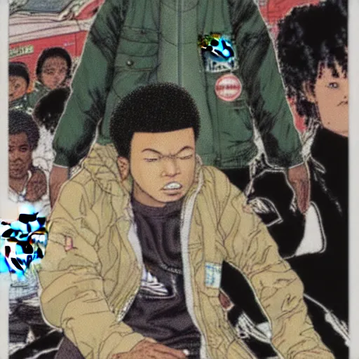 Prompt: illustration by katsuhiro otomo, black man with afro hair, stubble, wearing an adidas army green jacket, in the streets of tokyo, akira style, by katsuhiro otomo