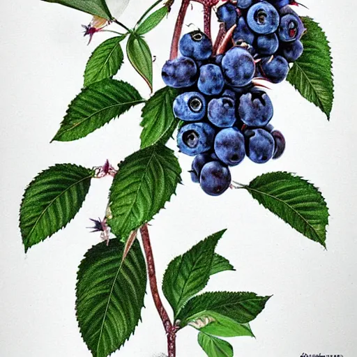 Prompt: botanical drawing of blueberry bush. Detailed art. Color. Rustic. Nordic. Trending on artstation. Detailed. Shrub. Nature. Artistic.