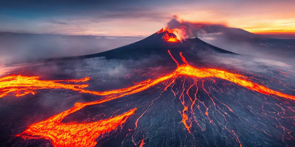 Prompt: an aerial view of an erupting volcano, sunset, no clouds, snowy mountain, lava going down the mountain, a near big city,, thunders in the black smoke, dramatic style, hyper realistic professional photo