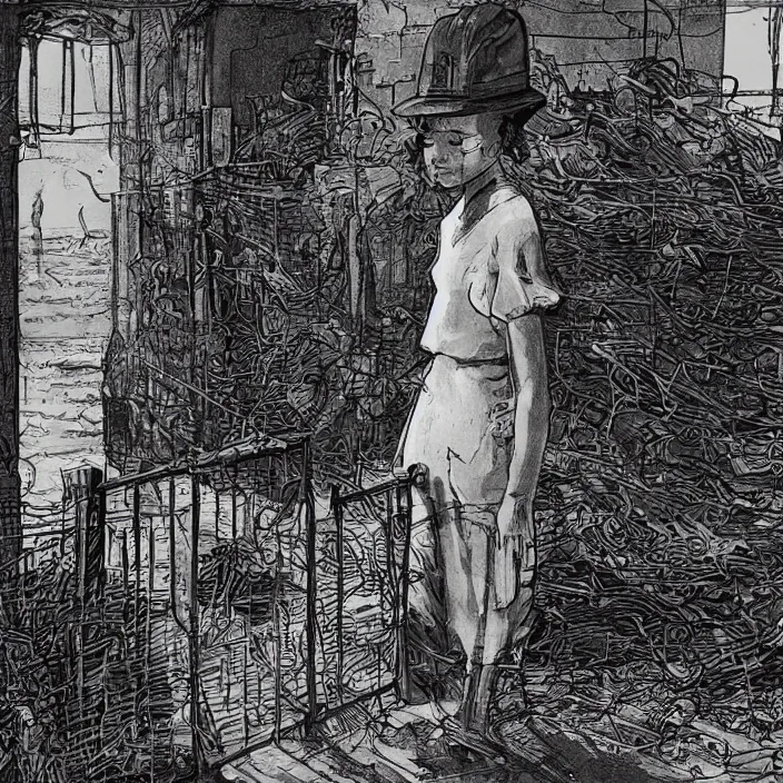 Image similar to sadie sink in dirty workmen clothes waves goodbye to workmen. near a gate. background : factory, dirty, polluted. technique : black and white pencil and ink. by gabriel hardman, joe alves, chris bonura. cinematic atmosphere, detailed and intricate, perfect anatomy