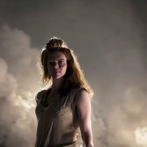 Image similar to bree williamson as the goddess of war. movie still. sinister atmospheric lighting. highly detailed, ground mist