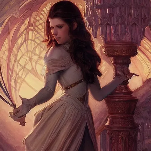 Image similar to anna kendrick holding a glowing wand in one hand and a large leather bound book, fantasy, intricate, elegant, highly detailed, digital painting, artstation, concept art, matte, sharp focus, illustration, in the style of magic the gathering, art by artgerm and greg rutkowski and alphonse mucha