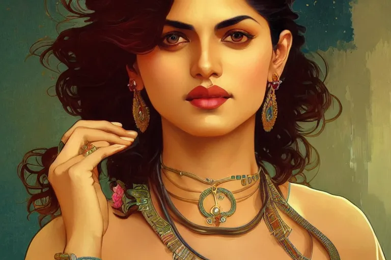 Image similar to sensual pale beautiful indian doctor in jeans, art deco portrait, elegant, intricate, digital painting, artstation, concept art, smooth, sharp focus, illustration, art by artgerm and greg rutkowski and alphonse mucha