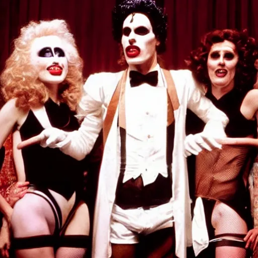 Image similar to Live Action Still of Jerma in The Rocky Horror Picture Show, real life, hyperrealistic, ultra realistic, realistic, highly detailed, epic, HD quality, 8k resolution, body and headshot, film still