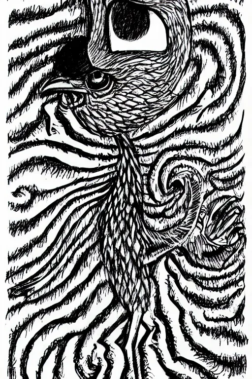 Image similar to a drawing of a bird, by junji ito