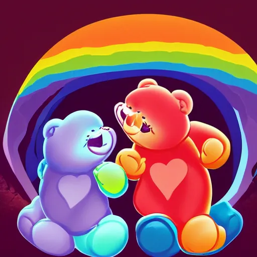 Image similar to care bears with bloody knife, digital art, rich deep colors, smooth shadows, high resolution, cinematic