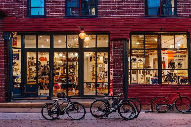 Image similar to boutique bicycle shop storefront wide angle street at dusk, red brick surround, cinematic lighting