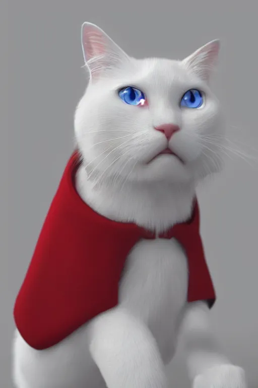 Image similar to a white cat with blue eyes wearing a red formal overcoat, hyperrealistic, concept art, octane render, unreal engine 5, realistic and defined face, profile picture, digital art, pixar and disney style, symmetrical, high quality, highly detailed, high coherence, path traced, house background, low contrast, beautiful