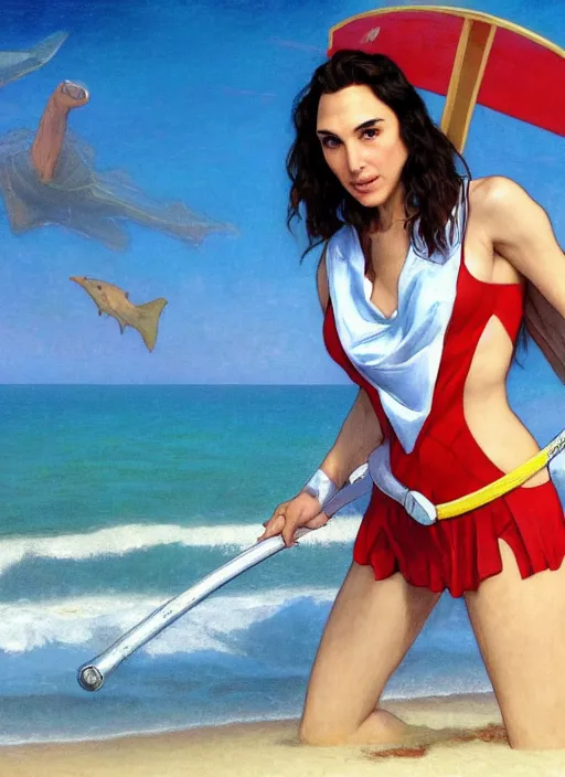 Image similar to portrait gal gadot as sea lifeguard on the beach, full length shot, shining, 8k highly detailed, sharp focus, illustration, art by artgerm, mucha, bouguereau