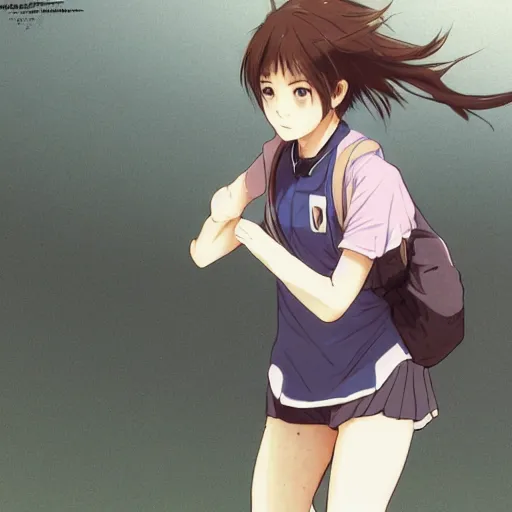 Image similar to a girl is running, sport clothing, kaze ga tsuyoku fuiteiru, anime style, brown short hair, hair down, symmetrical facial features, from arknights, hyper realistic, rule of thirds, extreme detail, detailed 4 k drawing, trending pixiv, realistic lighting, by alphonse mucha, greg rutkowski, backlit