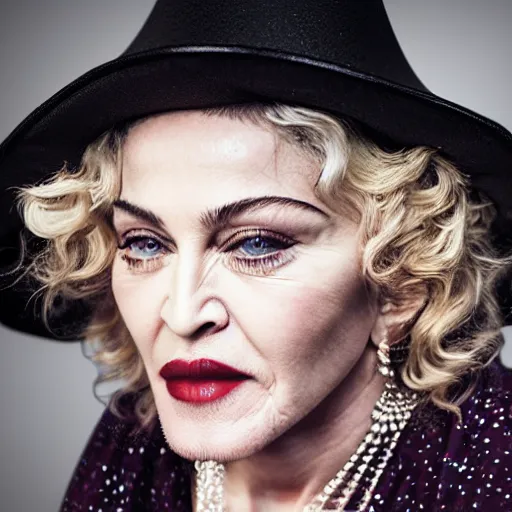 Image similar to madonna as old lady witch, high resolution, smooth, fine details, 4 k, aesthetic lighting, baroque content, sharp focus, justify content center, hyperdetailed content, professional photography, sharp focus, wet, pullitzer winning, by karah mew and adnan abidi and jodie bateman, rgb color, delete duplicate content