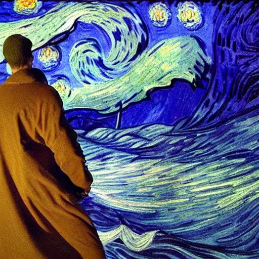 Image similar to a guy with white hoodie drowning in the abyss of the sea, very deep, by van gogh