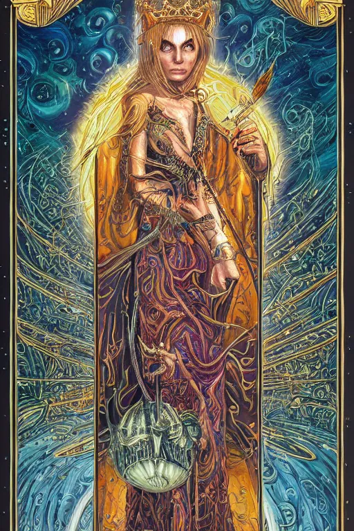 Prompt: tarot card of the queen of dreams by carol bak, jacek yerka, dan mumford, alex gray, victo ngai and h.r. giger, oil on canvas, 8k highly professionally detailed, HDR, trending on artstation