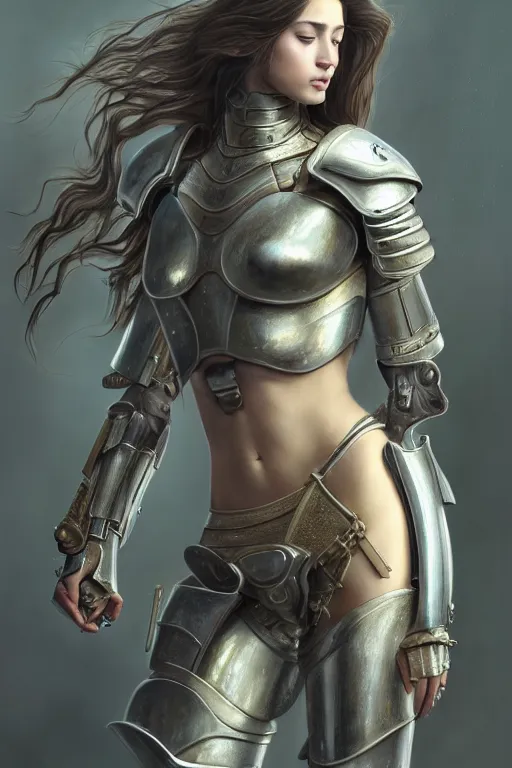 Image similar to a photorealistic painted portrait of an attractive young girl, partially clothed in dull metal-plated battle armor, olive skin, long dark hair, beautiful bone structure, symmetric facial features, photorealistic eyes, natural physique, intricate, elegant, digital painting, concept art, finely detailed, beautifully illustrated, sharp focus, minimal artifacts, from Metal Gear, by Ruan Jia and Mandy Jurgens and Artgerm and William-Adolphe Bouguerea, in the style of Greg Rutkowski, trending on Artstation, award winning