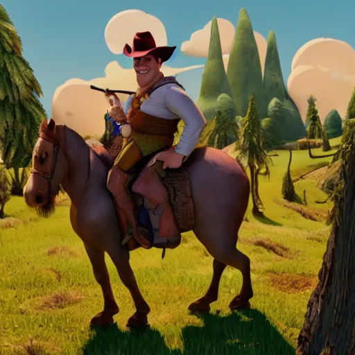 Image similar to Shrek as a cowboy, made by Dreamworks Animation, trending on artstation, 8k, hyperdetalied