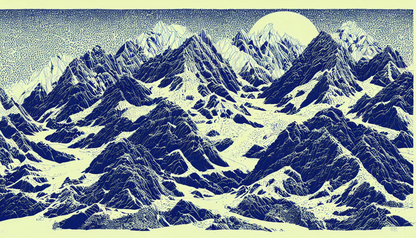 Image similar to himalayas by woodblock print, nicolas delort, moebius, victo ngai, josan gonzalez, kilian eng