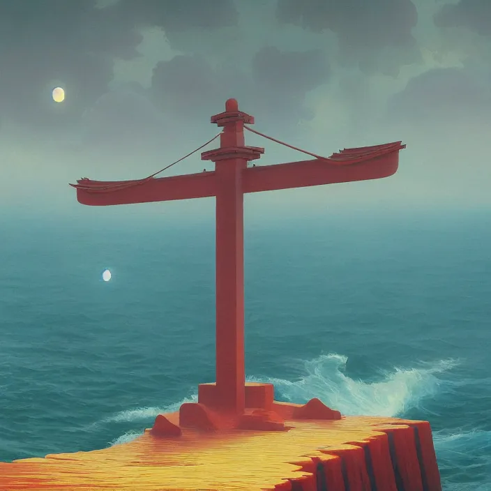 Prompt: a beautiful painting of a torii at sea by simon stalenhag and zdzisław beksinski and rene magritte and greg rutkowski, in style of digital art. hyper detailed, sharp focus, soft light. octane render. ray tracing. trending on artstation