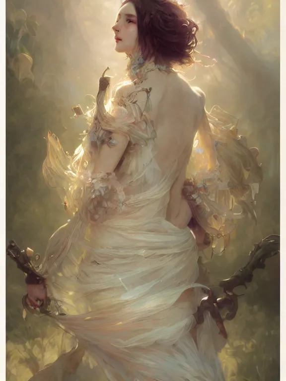 Image similar to Ruan Jia, Full view Ethereal Floralpunk elysian Maiden of radiant light wearing ivory dress made of stardust masterpiece 4k digital illustration, Mandy Jurgens, award winning, Artstation, art nouveau aesthetic, Alphonse Mucha background, intricate details, realistic, panoramic view, Hyperdetailed