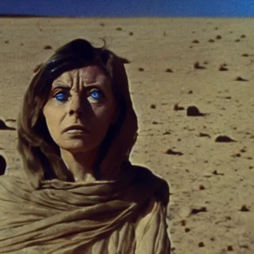 Image similar to woman with giant eyeballs in the desert 1972 Tarkovsky film, archival footage, technicolor film expired film live-action, 16mm