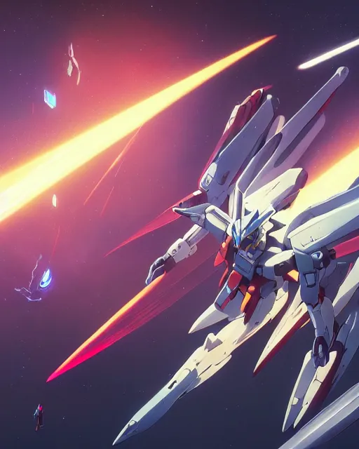 Image similar to highly detailed vfx portrait of a gundam with wings of feathers beam saber fighting in space with a beam gun, unreal engine, greg rutkowski, loish, rhads, beeple, makoto shinkai and lois van baarle, ilya kuvshinov, rossdraws, tom bagshaw, alphonse mucha, global illumination, detailed and intricate environment