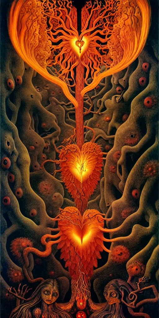 Image similar to mythical creatures and monsters in the visceral anatomical human heart imaginal realm of the collective unconscious, in a dark surreal mixed media oil painting by johfra, mc escher and ronny khalil, dramatic lighting fire glow