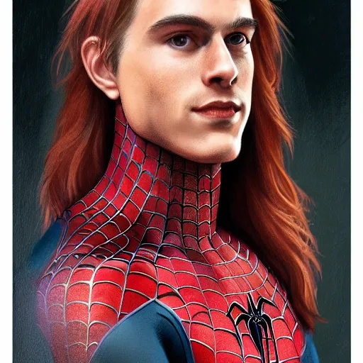 Prompt: portrait of a young spiderman handsome but joyful anthropomorphic parrot, male, masculine, upper body, red hair, long hair, d & d, fantasy, fierce, sharp features, intricate, elegant, highly detailed, digital painting, artstation, concept art, matte, sharp focus, illustration, art by artgerm and greg rutkowski and alphonse mucha