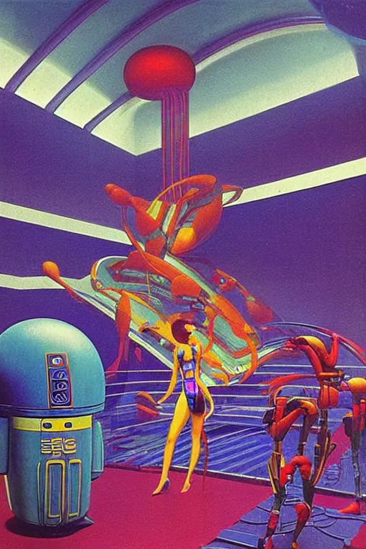 Prompt: 8 0 s art deco indoor spacestation with swimmingpool, robots, led screens, droids, neon sign, cinematic dramatic cyberpunk textural fluid lines otherworldly vaporwave interesting details fantasy lut epic composition by basquiat zdzisław beksinski james jean artgerm rutkowski moebius francis bacon gustav klimt