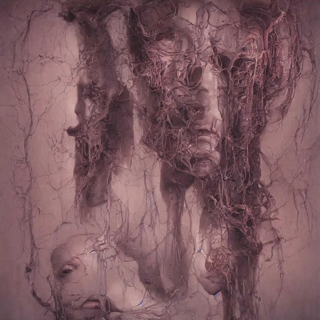 Image similar to portrait of girl melting with machine by wayne barlowe and zdislaw beksinski