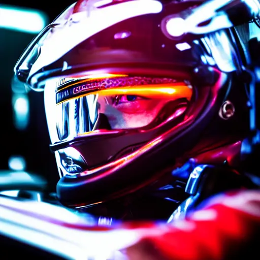 Image similar to cybernetic formula 1 driver, backlit, mirrors on background, glowing eyes, 5 0 mm bokeh,