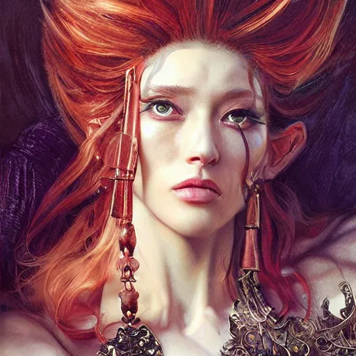 Image similar to portrait, headshot, insanely nice professional hair style, dramatic hair color, digital painting, of a old 17th century, old cyborg merchant, amber jewels, baroque, ornate clothing, scifi, realistic, hyperdetailed, chiaroscuro, concept art, art by Franz Hals and Jon Foster and Ayami Kojima and Amano and Karol Bak,