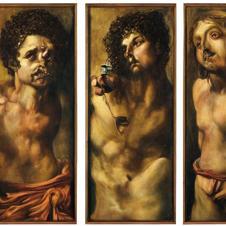 Image similar to portrait, headshot, of Dionysus, the Greek god of wine, heartbroken by 20th-century artist Francis Bacon triptych , high detail