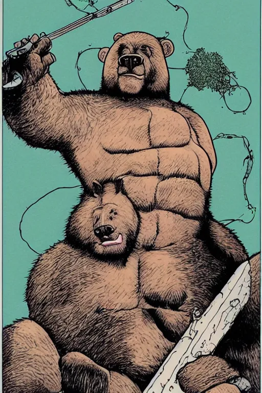 Prompt: portrait of a man - bear - pig hybrid by moebius, greg capullo, and takashi murakami